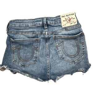 True Religion Jeans Stella Cut Off Shorts 29 Raw‎ Hem Mid Rise Skinny Blue Denim